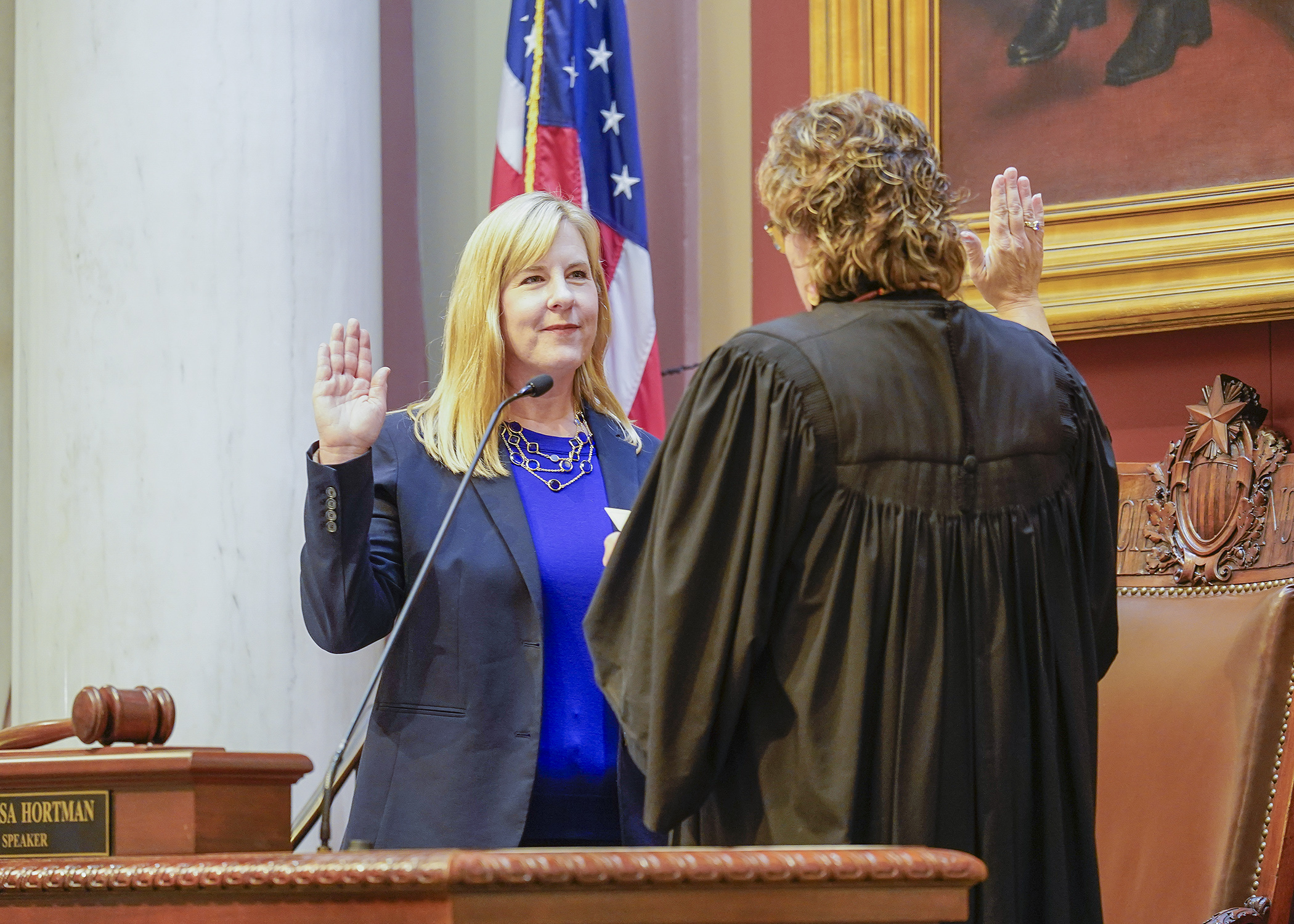 Rep. Melissa Hortman is sworn in as House speaker on the first day of the 2023 legislative session, Jan 3. (Photo by Andrew VonBank)